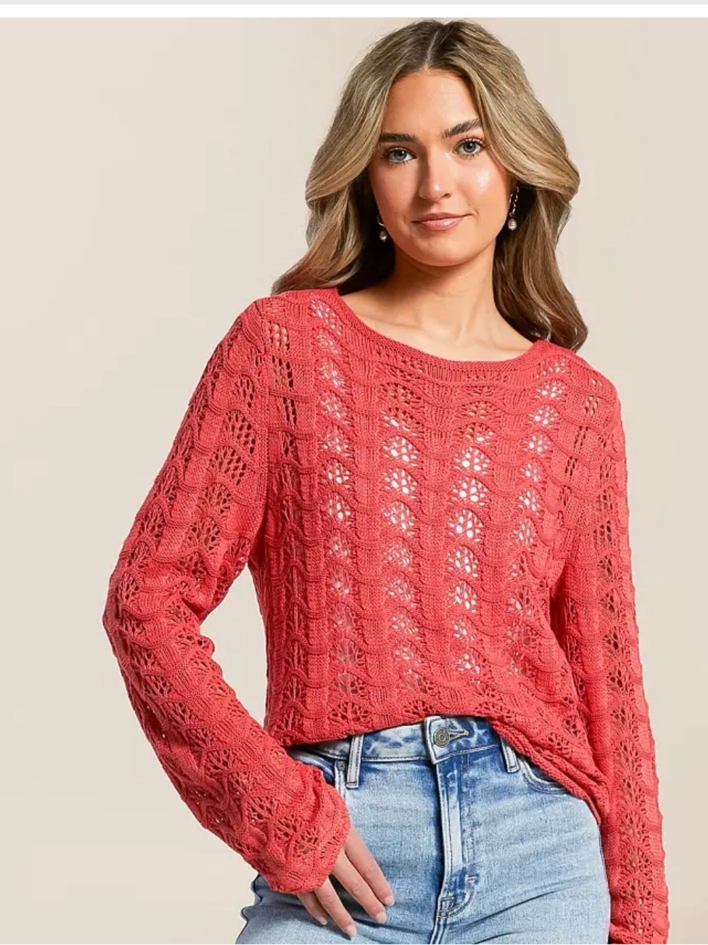 Z-Supply Azure Open Knit Crochet Popover Beachy Coral Summer Sweater Size S